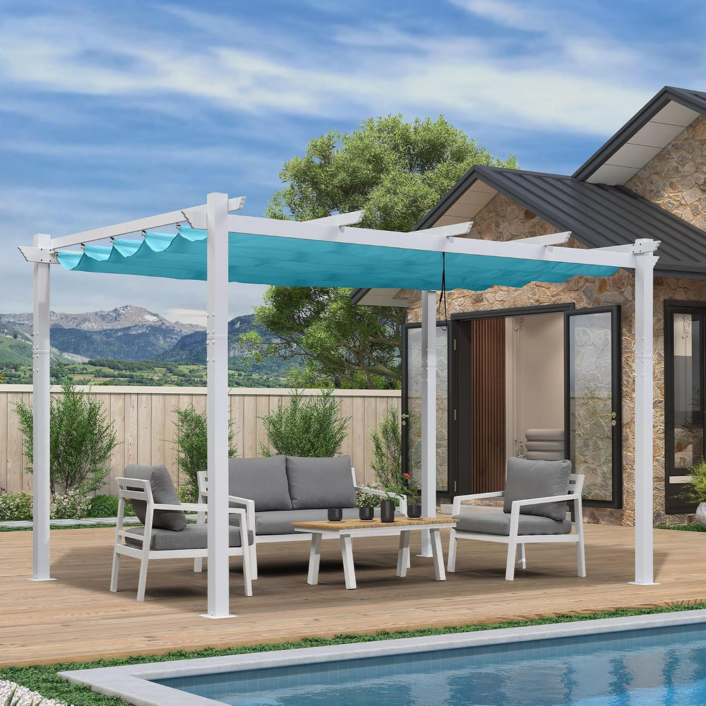 PURPLE LEAF Outdoor Pergola 10' x 13' Retractable Canopy, Turquoise Blue