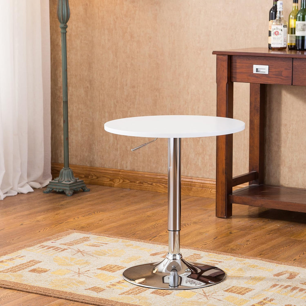 Roundhill Furniture Adjustable Height Wood and Chrome Metal Bar Table, White