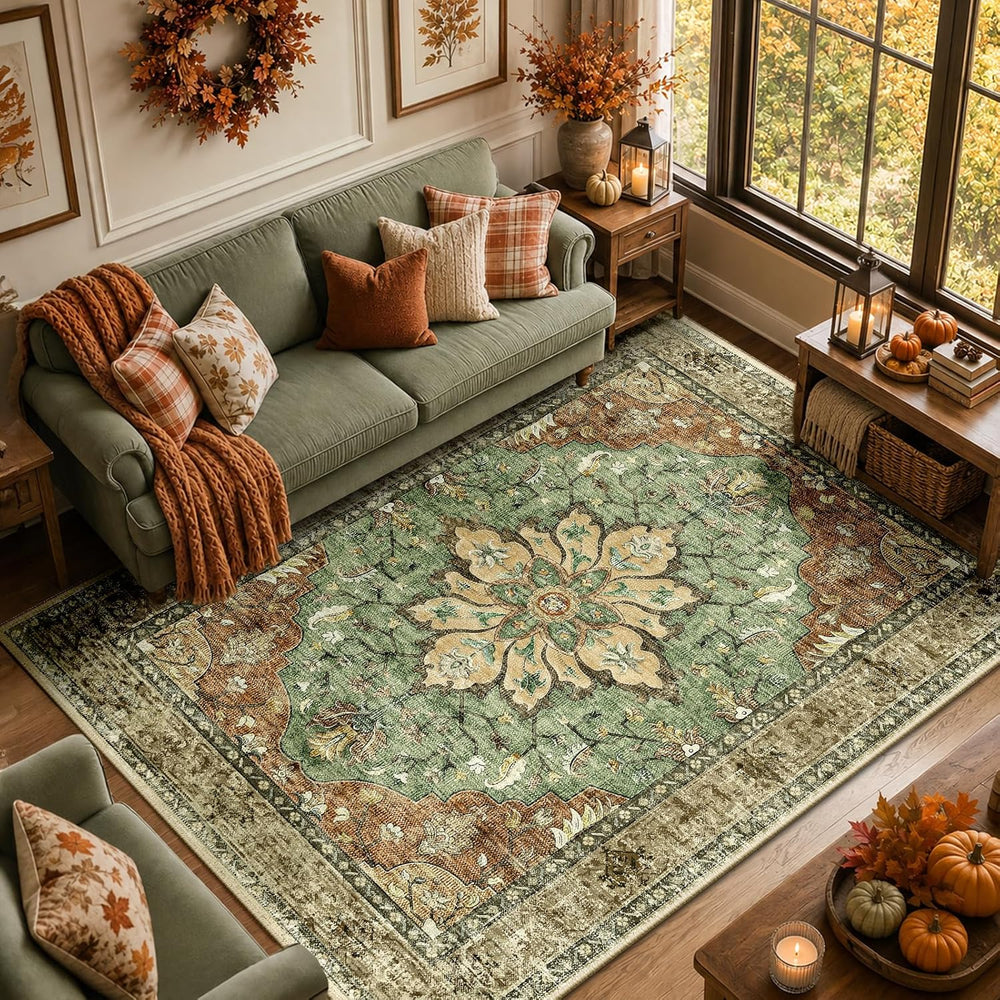 RELEANY Washable Area Rug, 5'x7', Brick/Brown/Green