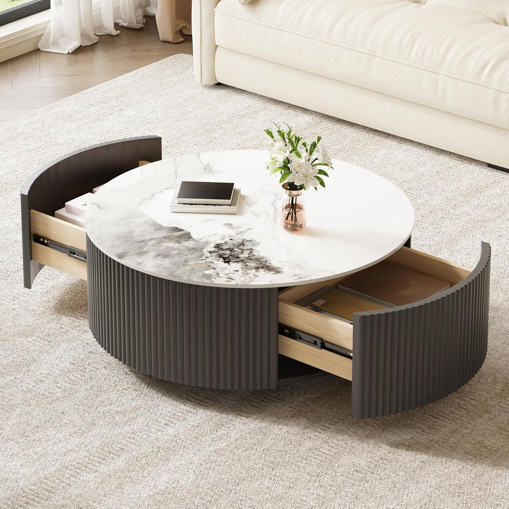 Round Coffee Table with Storage, Modern Movable Coffee Table with Marble Patt...