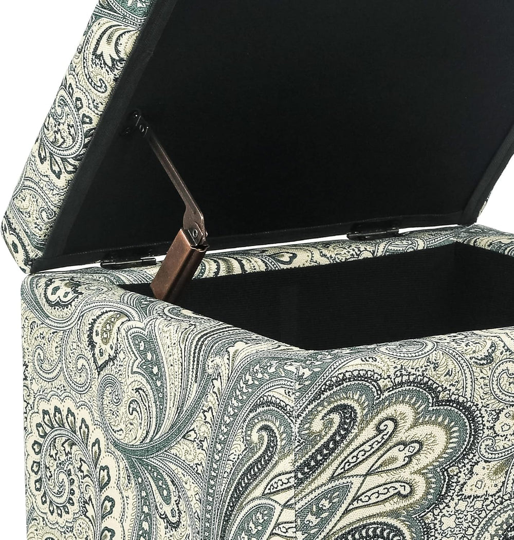Adeco 18" Cube Storage Ottoman in Blue Paisley, Upholstered Linen Foot S...