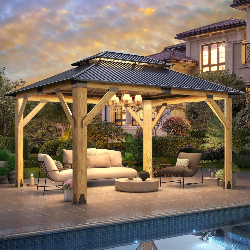 11x13FT Wood Gazebo, Outdoor Wooden Gazebo with Glavanized Steel Double Roof,...