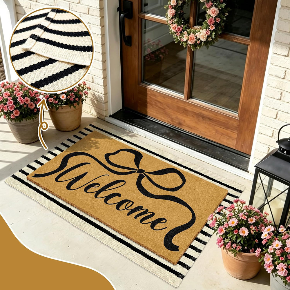 2 Pcs Coir Bow Welcome Mat Outdoor Stripe Layering Rug for Outside Entrance