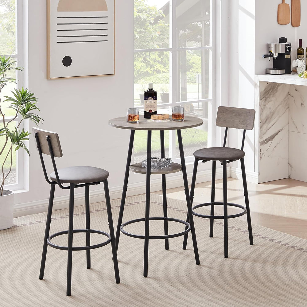 3 Piece Round Bar Table Set with Storage Shelf, Bistro Pub Counter Height Tab...