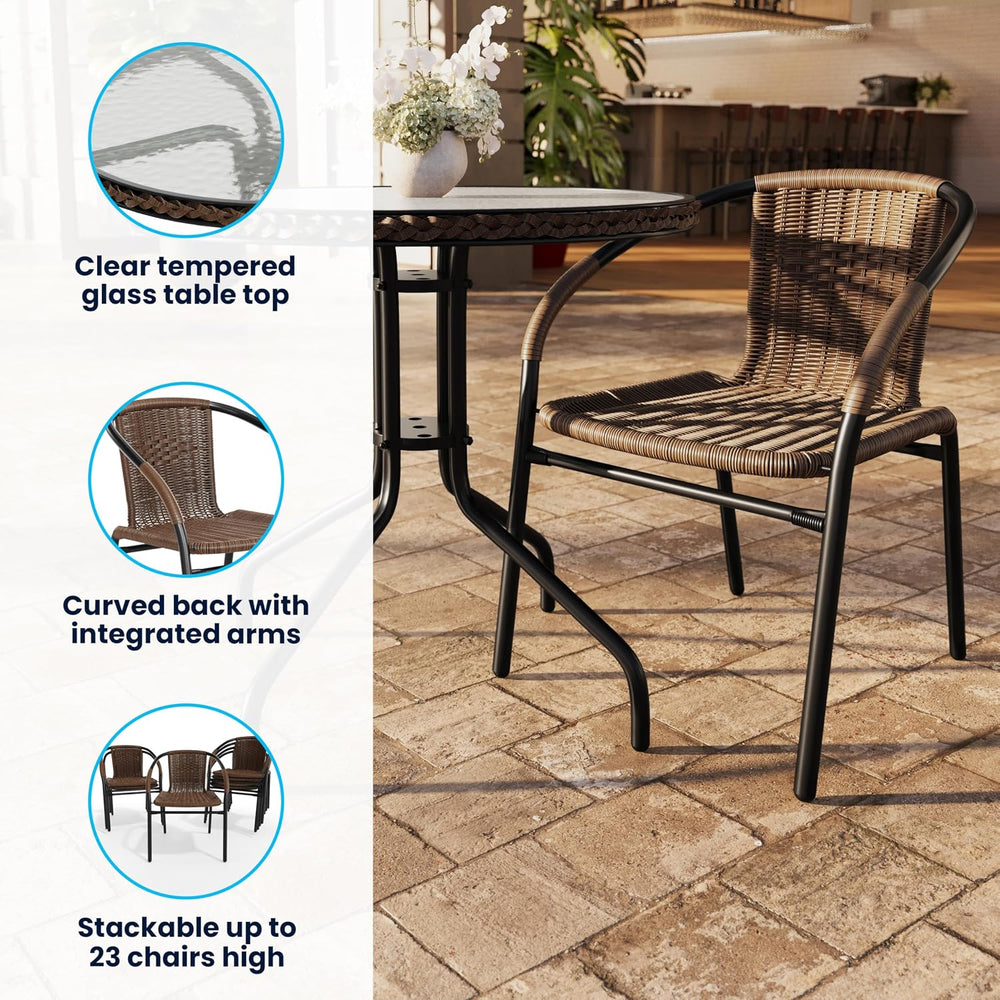 Flash Furniture Lila 28'' Round Glass Metal Table with Dark Brown Rat...