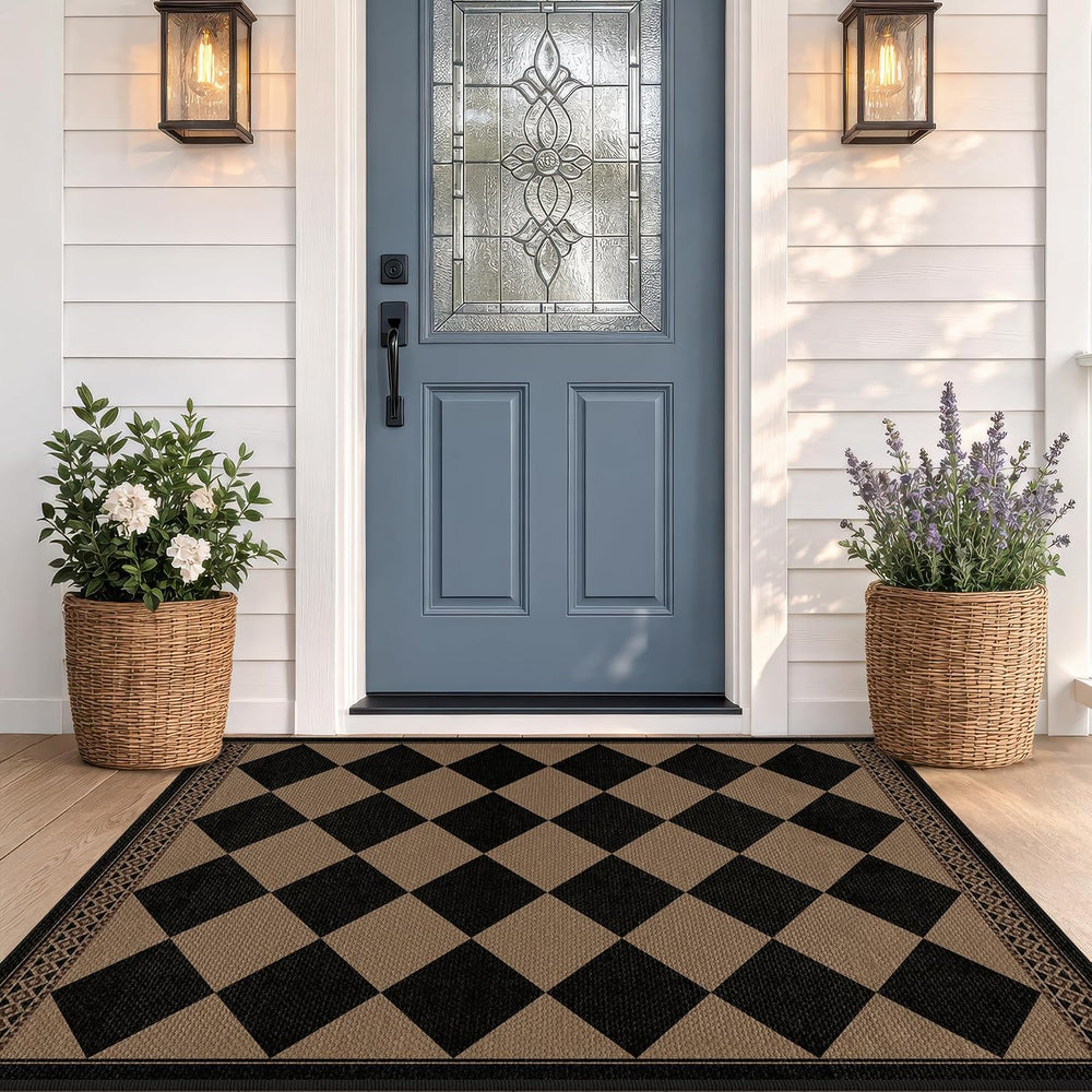 Easy Jute Indoor Outdoor Rug 3x5, Brown Black Checkered Patio Front Porch Rug...