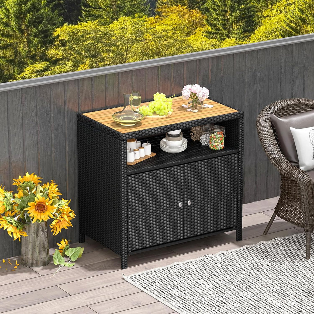 Tangkula Rattan Outdoor Storage Cabinet, Patiojoy Outdoor Cabinet with Acacia...