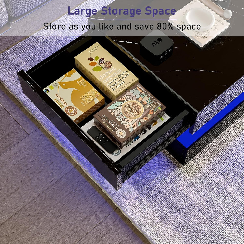 HOMFAMILIA LED Coffee Table with 2 Storage Drawers, Modern High Gloss Black C...