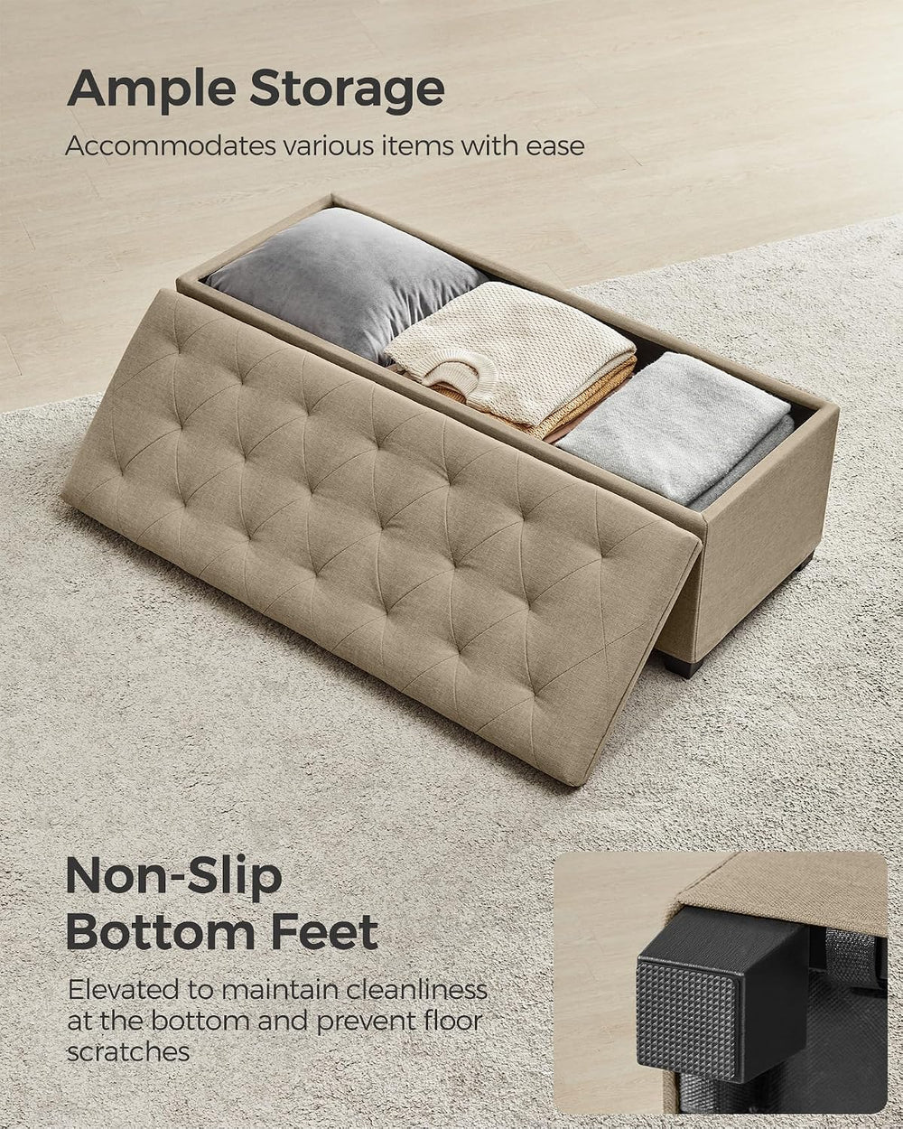 SONGMICS Storage Ottoman Bench, Foot Rest with Legs, Load up to 661.4 lb