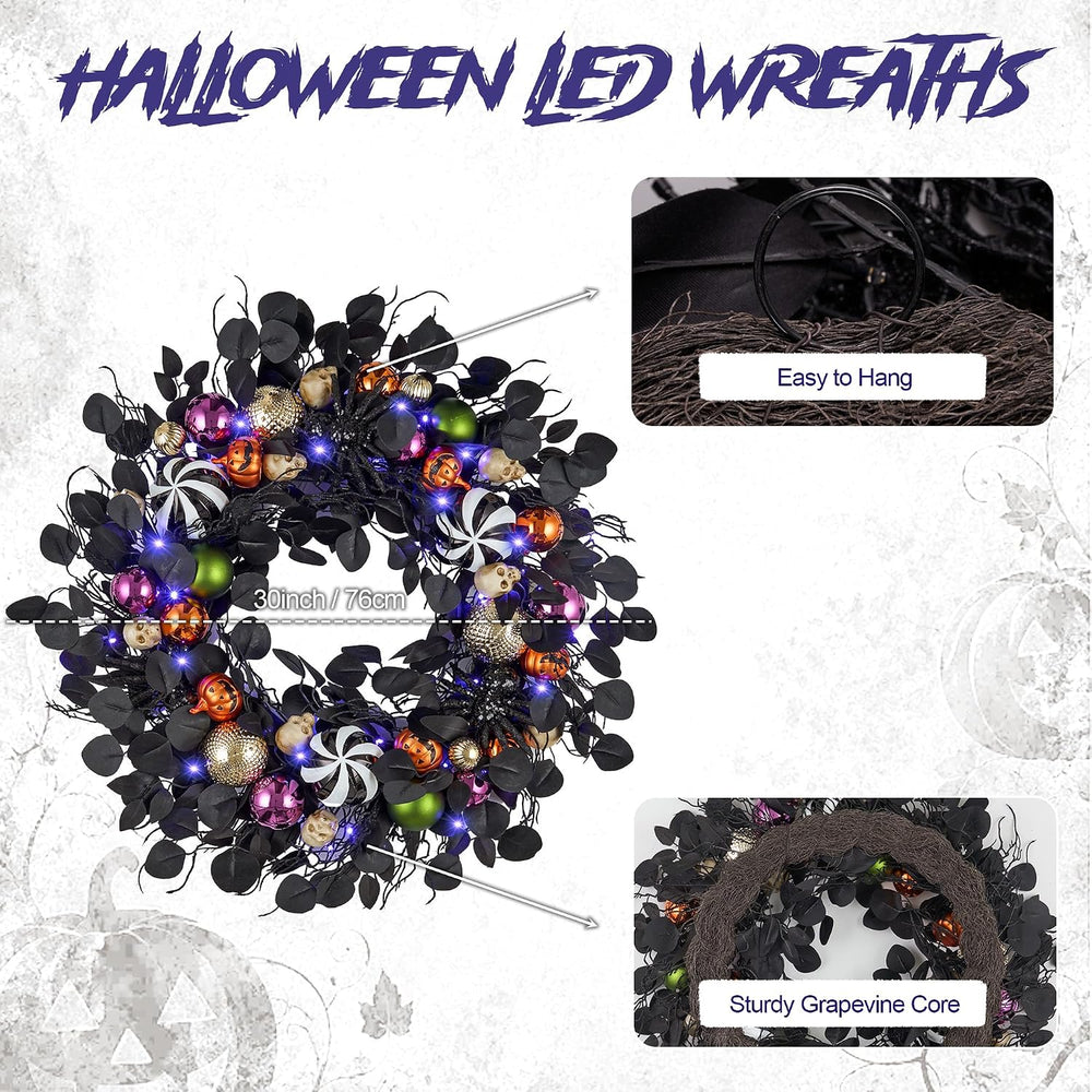 JORNOY 30-Inch Halloween Wreath with Battery Timer - Spider, Balls, Skull