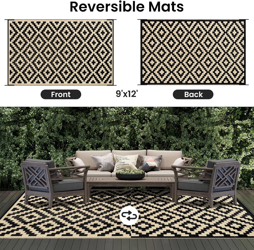 Smiry Outdoor Rug 9x12 ft Waterproof Reversible Boho Mat, Black & Beige