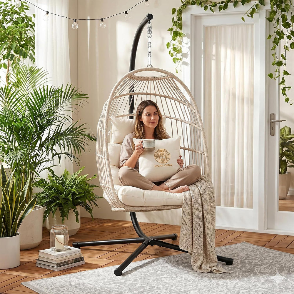 Foldable Hanging Egg Chair with Stand, HDPE Rattan and Heavy Duty Aluminum-St...