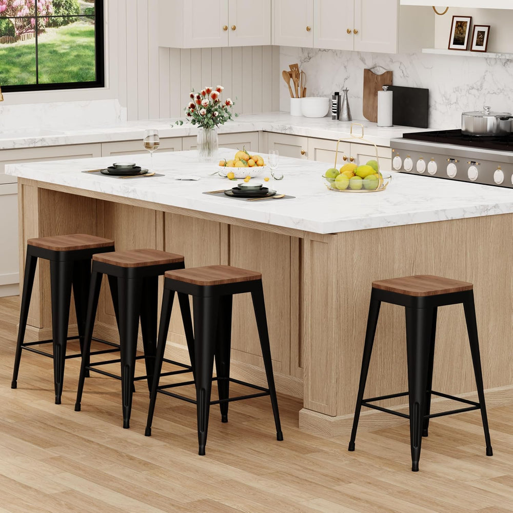 24" Metal Bar Stools Set of 4 Black Counter Height Stools with Wood Seat...