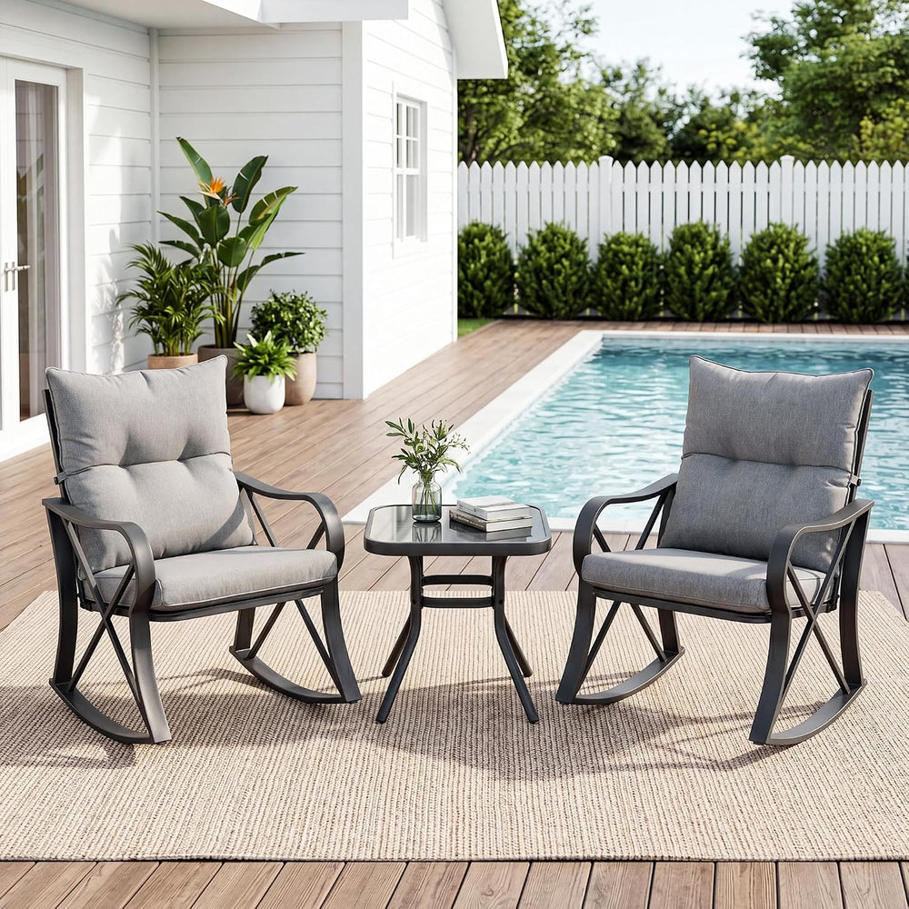 SUNBURY 3 Piece Patio Rocking Conversation Set, Outdoor Rocking Chairs with T...