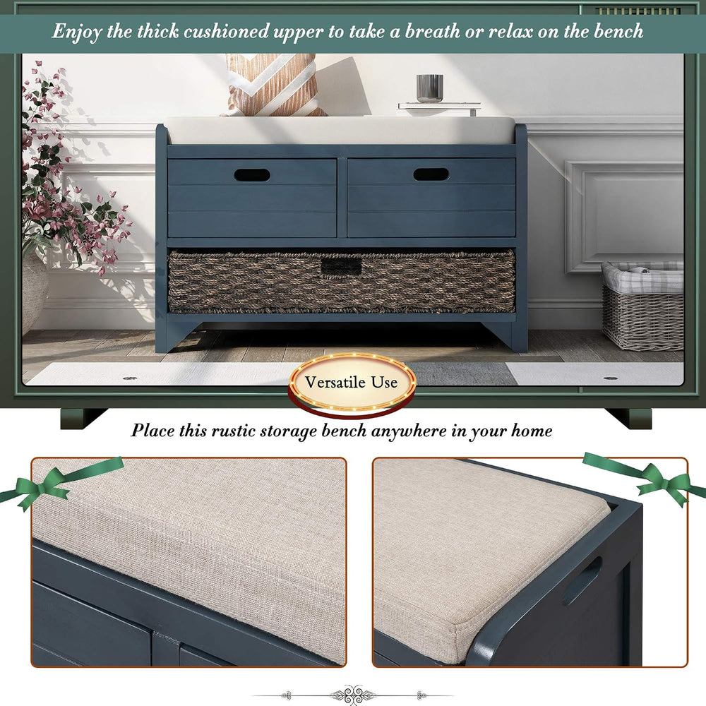 Merax Classic Wood Shoe Storage Bench with 2 Drawers, Large Rattan Basket and...