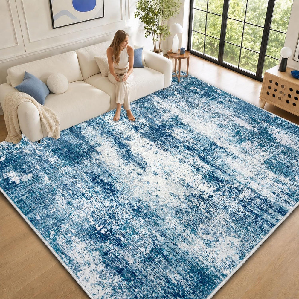 TENGTENGLINK 6x9 Area Rugs for Living Room, Washable Abstract Rug, Blue