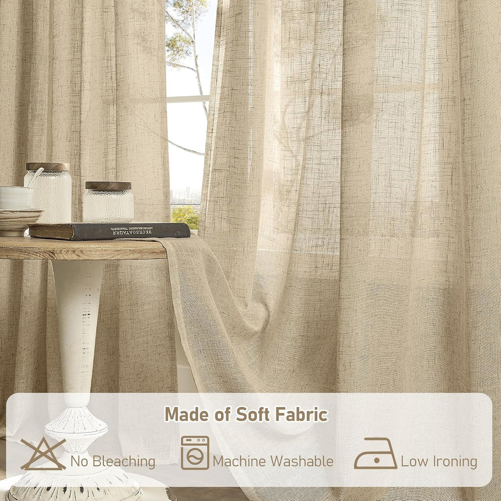 LAMIT Living Room Linen Curtains 95 Inch for Bedroom, Semi Sheer Panels
