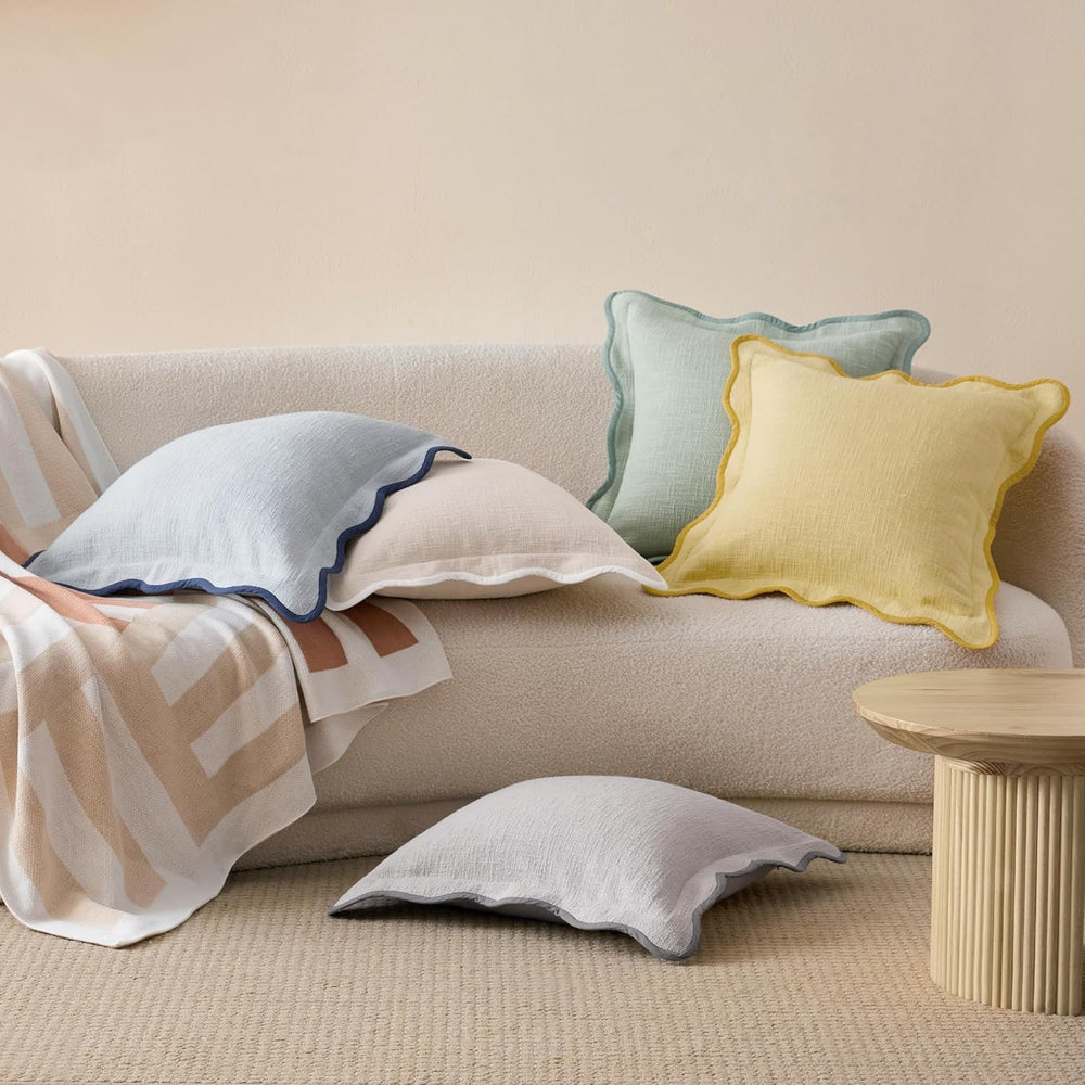 Double Stitch 100% Cotton Scalloped Throw Pillow Covers, Arctic Blue