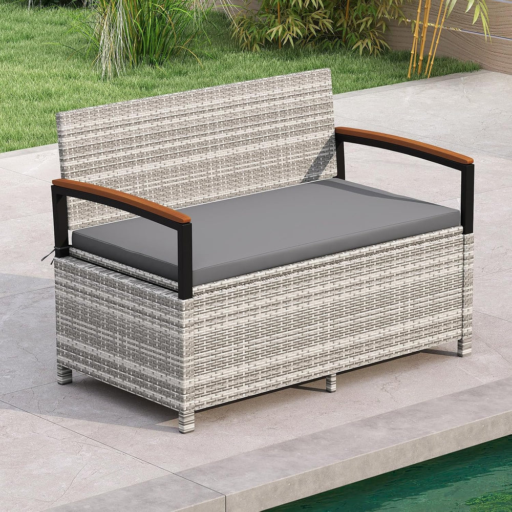 RELAX4LIFE Wicker Outdoor Storage Bench, Rattan Deck Box