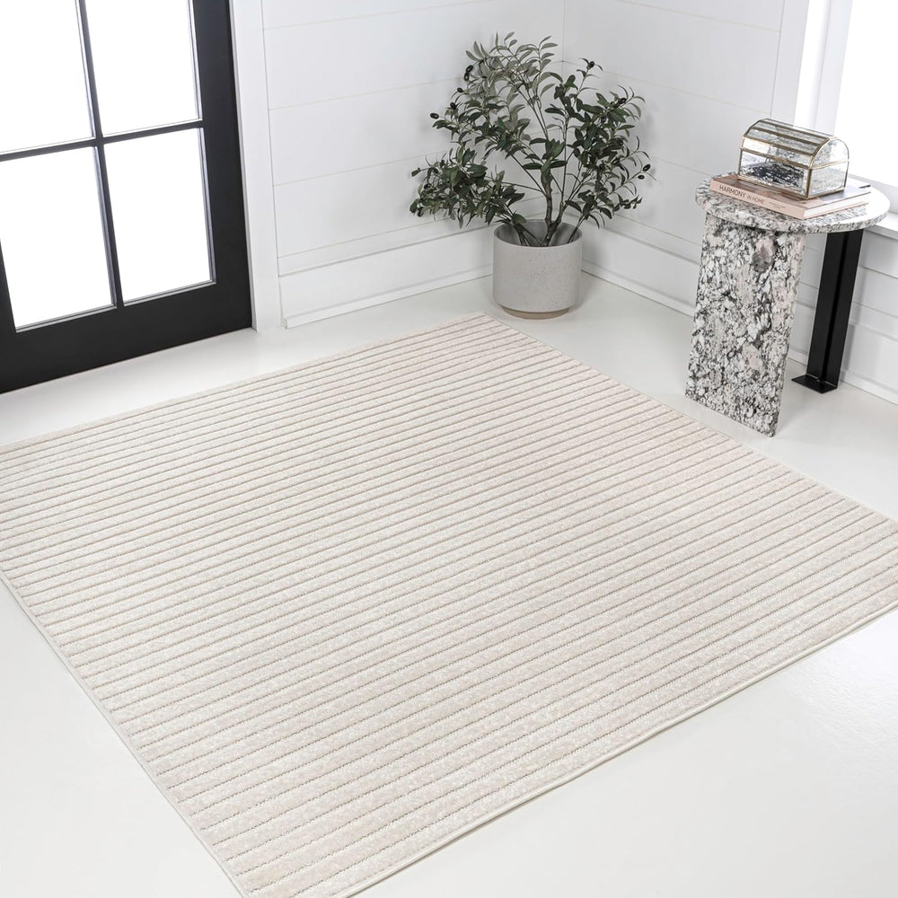 JONATHAN Y Aarhus High-Low Striped Ivory/Cream 7x7 Square Indoor/Outdoor Area...