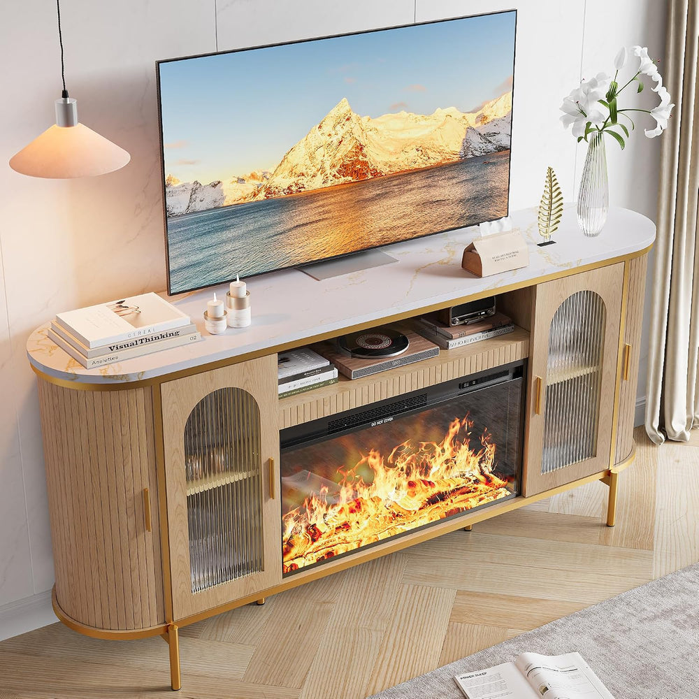 70" Fluted Fireplace TV Stand for TVs Up to 80 Inches, Entertainment Cen...