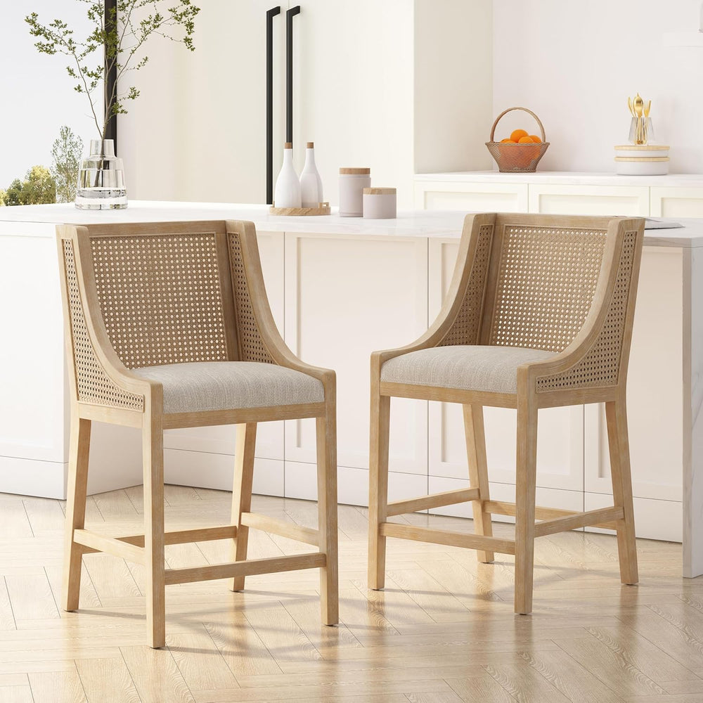 Merax 25.5" Fabric Upholstered Wood and Cane Counter Stools with Backres...