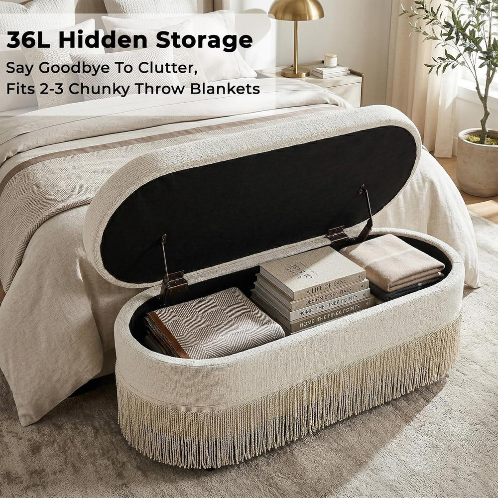 39.4“ Boho Storage Ottoman Bench with Tassels,Upholstered End of Bed Bench