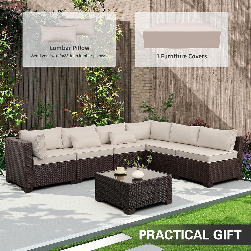 WAROOM Outdoor Patio Furniture Set 7 Pieces Wicker Sectional Sofa Brown Ratta...