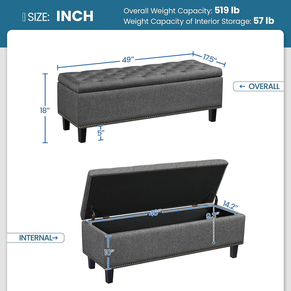 Yaheetech 49in Square Storage Ottoman Coffee Table with Nailhead, Dark Gray