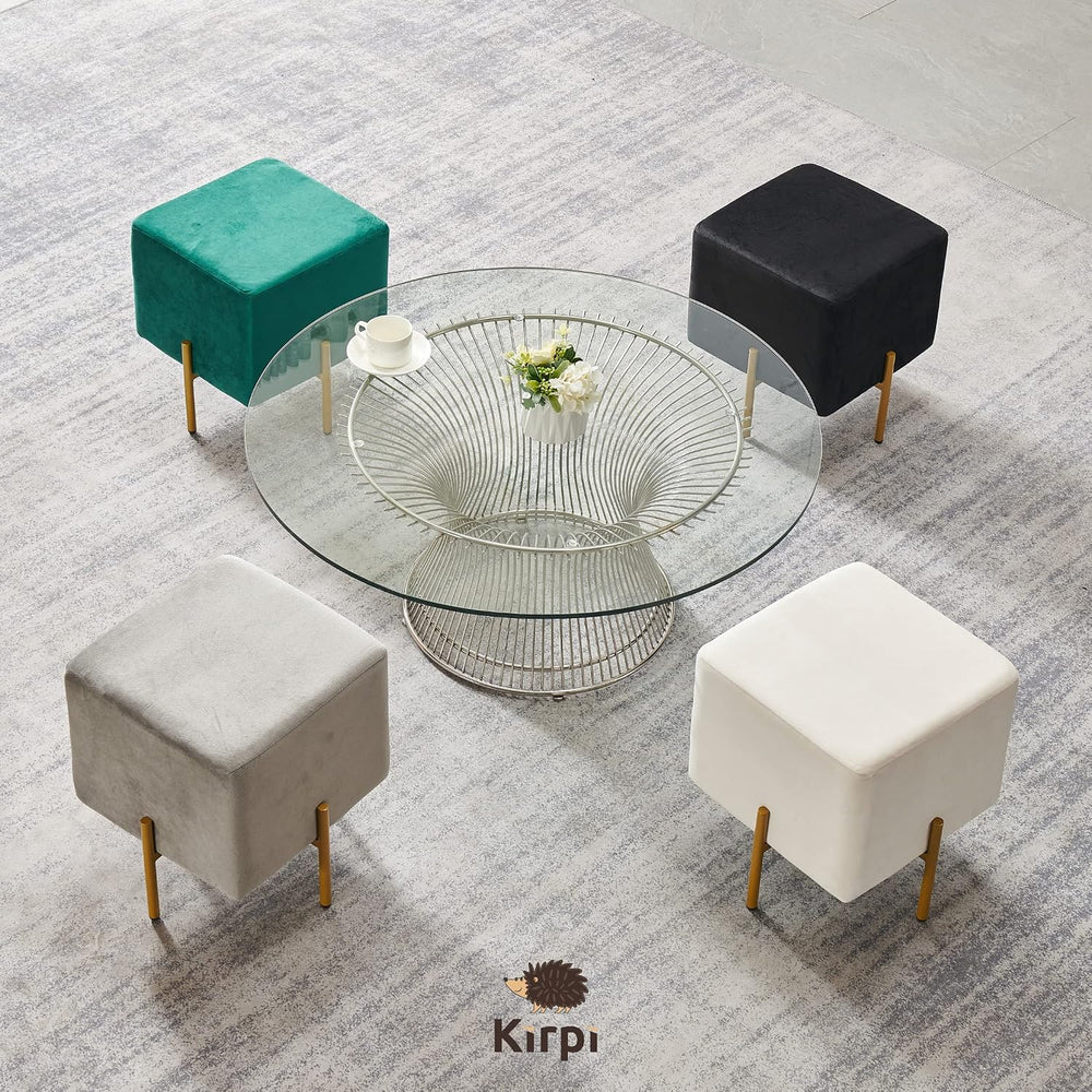 Kirpi Cream Velvet Foot Stool Set of 2, Modern Vanity Ottoman Stools with Gol...
