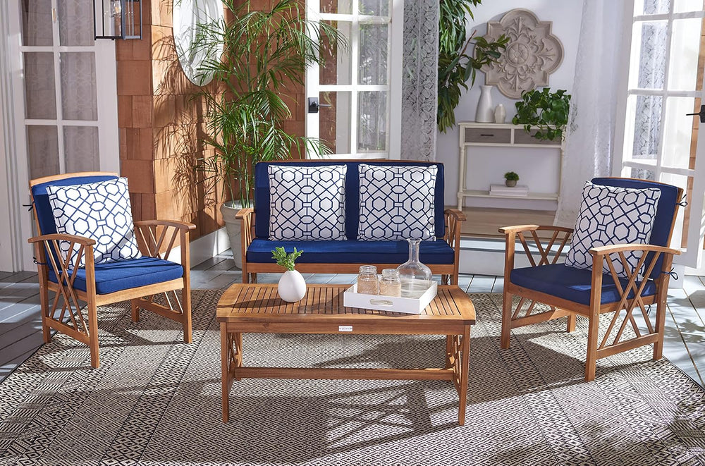 SAFAVIEH Outdoor Collection Fontana Natural/ Navy Blue Cushions/ Geometric Pa...