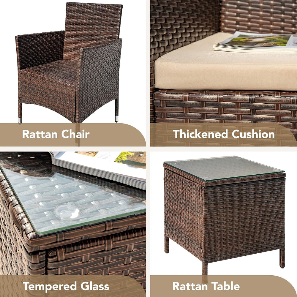 Devoko 3 Piece Patio Furniture Set Outdoor Wicker Conversation (Brown)