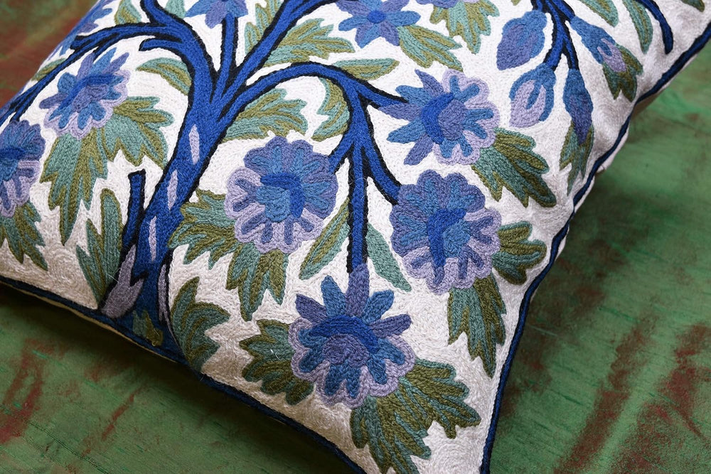 Blue Tree of Life Pillow Cover Indigo Plant Floral Pillowcase Needlepoint Bot...