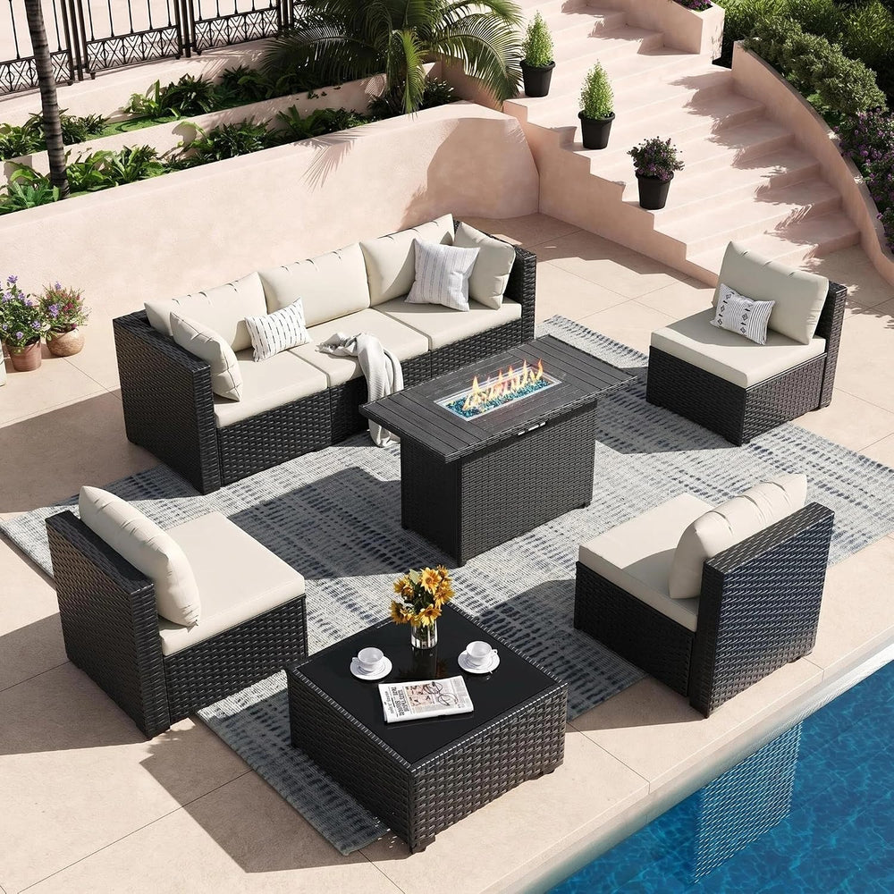 8 Piece Patio Furniture Set with 43" Fire Pit Table, White/Black