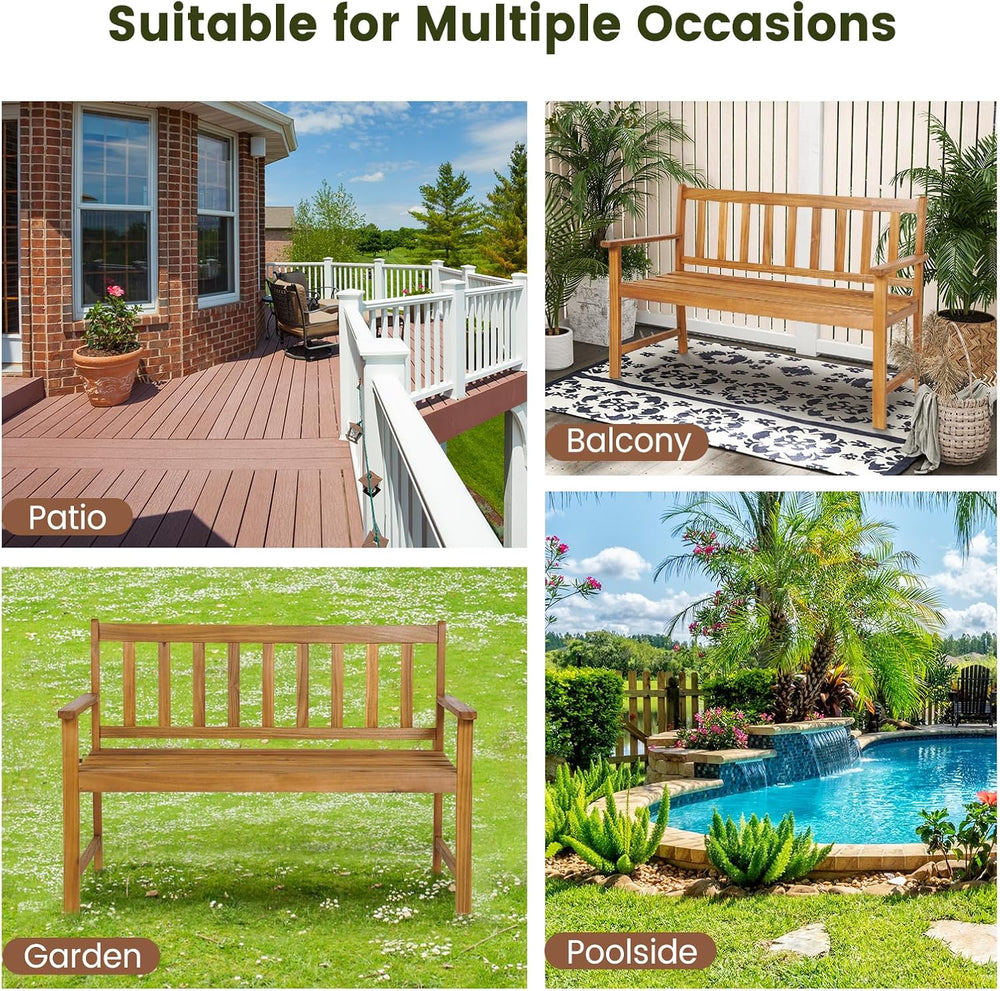 HAPPYGRILL Patio Wood Bench with Ergonomic Backrest & Armrests, 2-Person ...