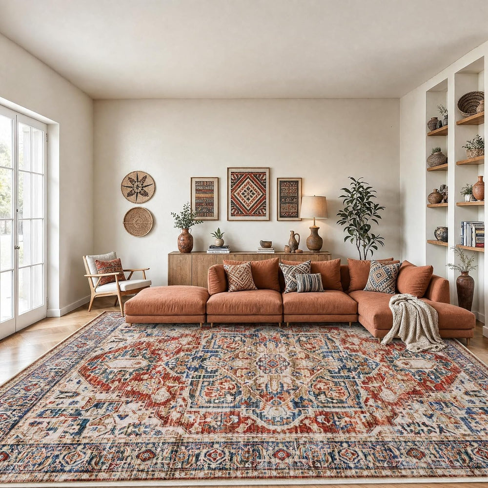 AMADA HOMEFURNISHING 8x10 Washable Area Rug, Low-Profile Large Area Rug with ...