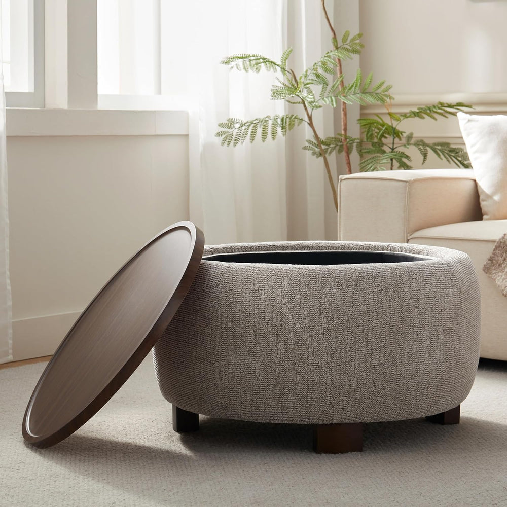 VKNOW 30 Inch Fabric Round Storage Ottoman with Wood Lift-Off Lid, Brown