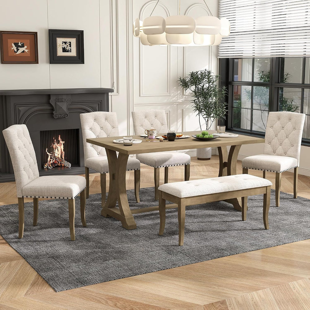 6-Piece Dining Table Set, 4 Chairs + Bench, Farmhouse, Natural Wood