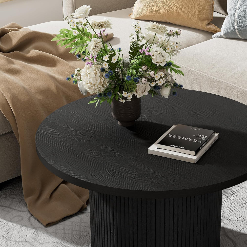 Furniway Round Coffee Table, 35.4" Circle Wide Coffee Table, Wood Table ...