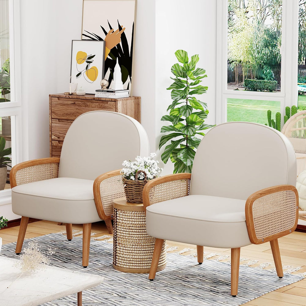Aklaus Mid Century Modern Accent Chair Armchair with Rattan Arms Upholstered ...
