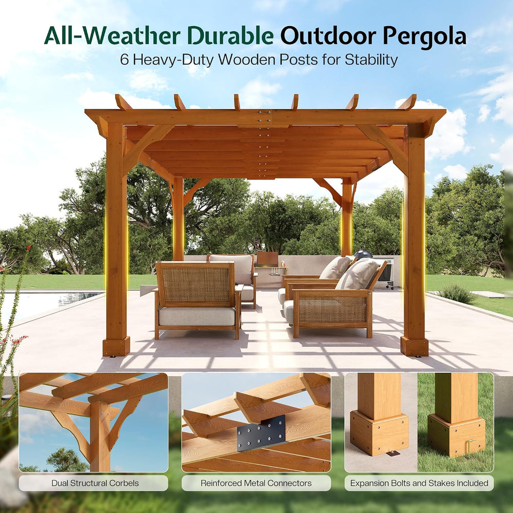 Jocisland 10x12 FT Premium Cedar Wood Pergola with Trellis Roof & Stakes