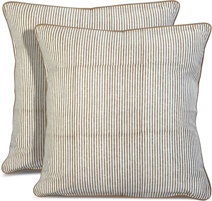 Ridhi Oatmeal Brown Stripe Hand Block Print Pillow Covers 18x18 Set of 2
