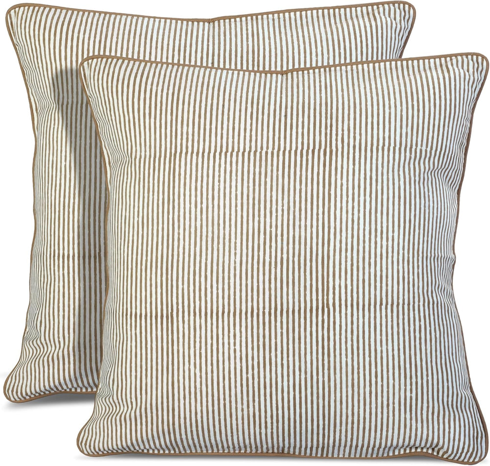 Ridhi Oatmeal Brown Stripe Hand Block Print Pillow Covers 18x18 Set of 2