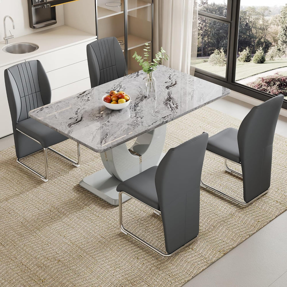 JUFU Modern Dining Set Table and 4 Chairs,Grey Faux Marble Dining Table Set f...