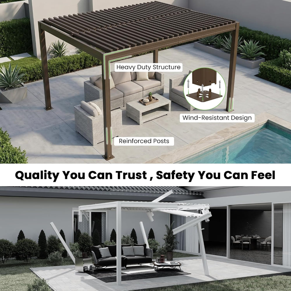 Domi Louvered Pergola 10x12, Outdoor Metal Pergola, Espresso Brown
