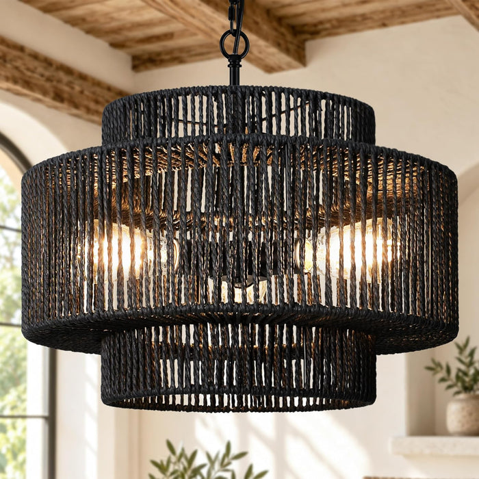Bagood 18" 3-Light Boho Black Rattan Chandeliers for Dining Room