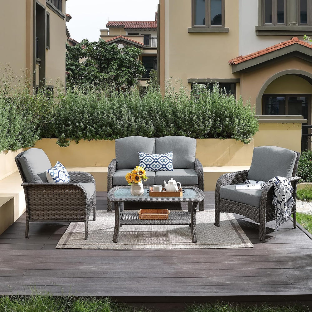 CAODOC 4-Piece Wicker Patio Furniture Set, All-Weather Rattan Conversation Bi...