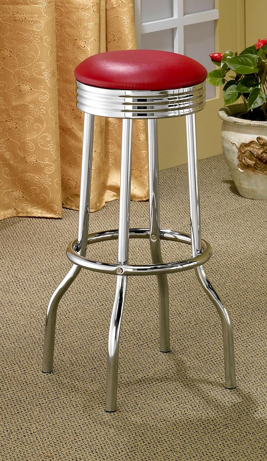 Coaster Retro Dining Room Faux Leather Swivel Bar Stool Set of 2, Red 2299R