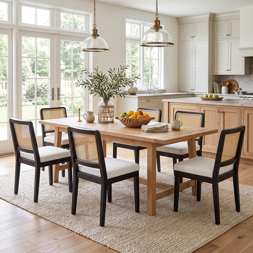 HNY Modern Farmhouse Rattan Dining Chairs Set of 6, Beige Linen Upholstered D...