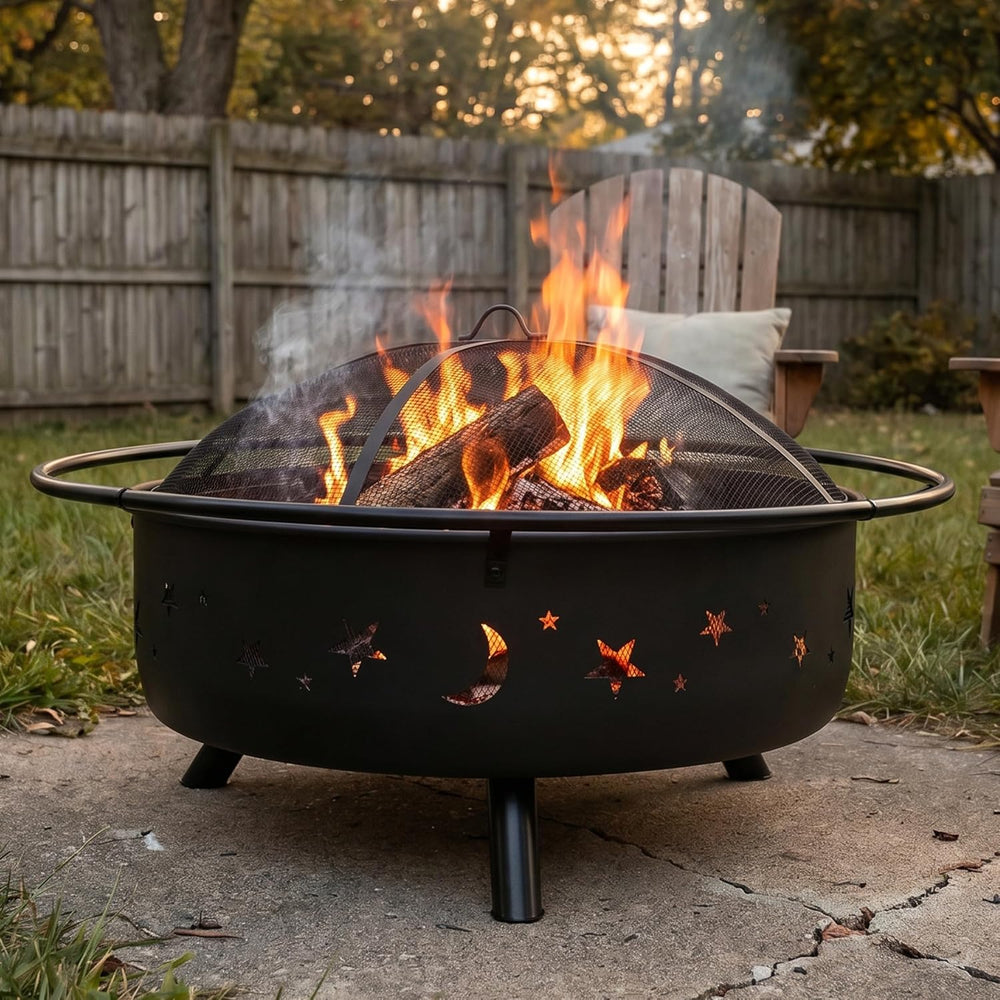 Sunnydaze Cosmic 42" Large Fire Pit for Outside Wood Burning, Round, Metal
